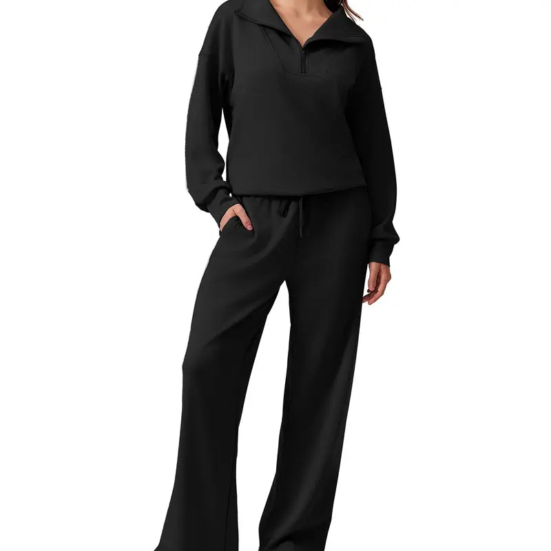 Women’s Half-Zip Two-Piece Sweatsuit – Wide-Leg Lounge Set