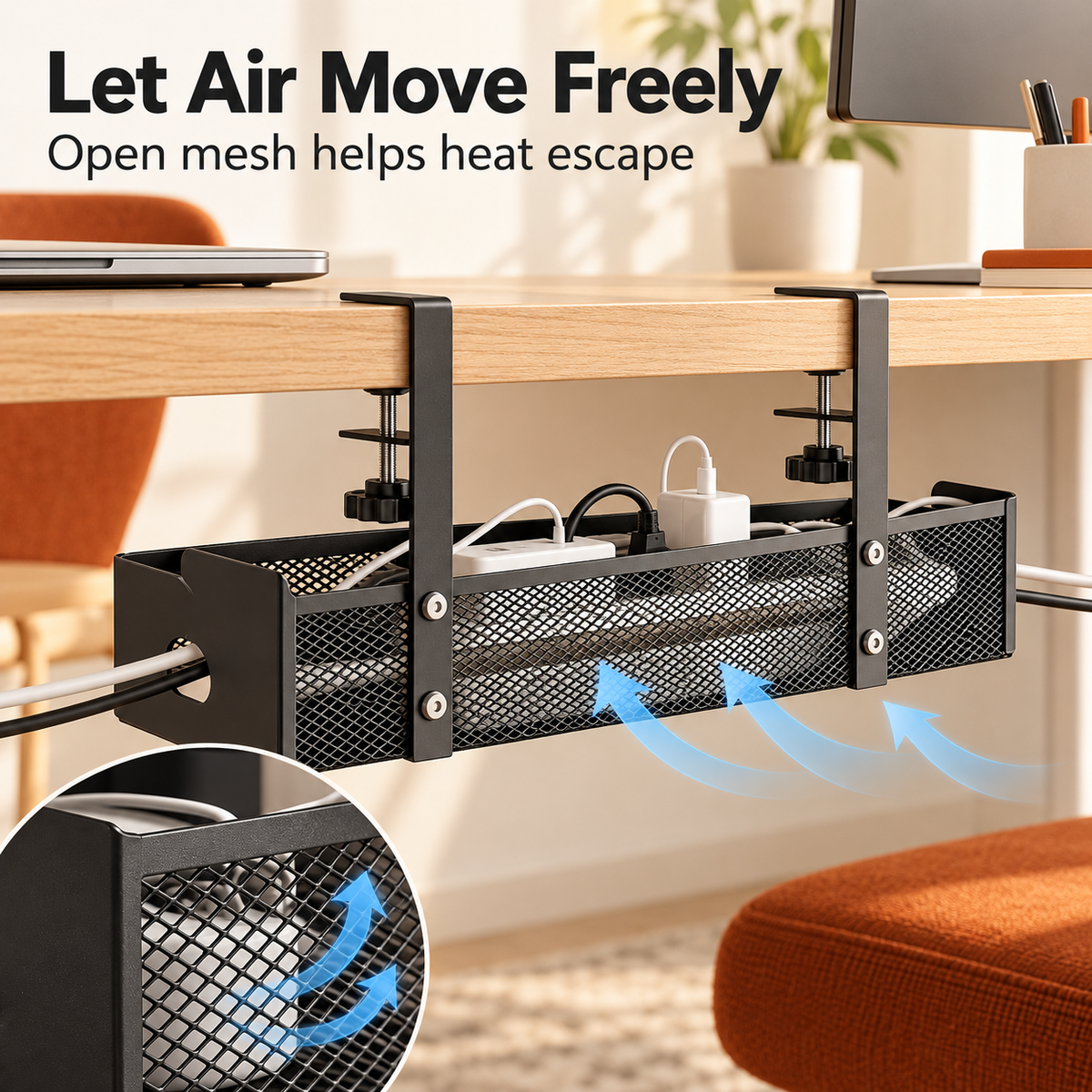 Under-Desk Cable Management Tray – No-Drill Clamp Organizer for Desks Up to 2" Thick