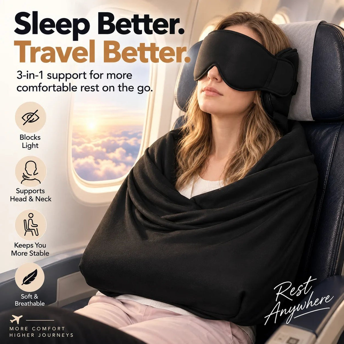 ✈️  3-in-1 Travel Sleep Support – Blackout Eye Mask & Head Support