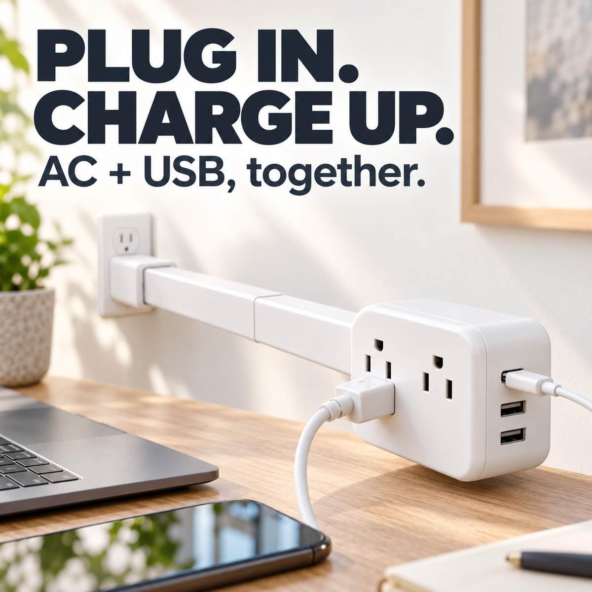 Rotating & Extendable Wall Outlet Extender – 4-in-1 Power Strip with USB-A & USB-C