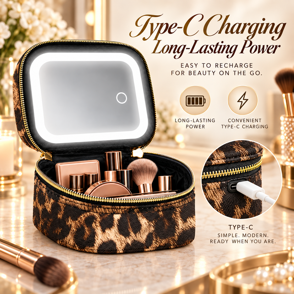 Portable Leopard Print Makeup Bag with Mirror and Light for Women