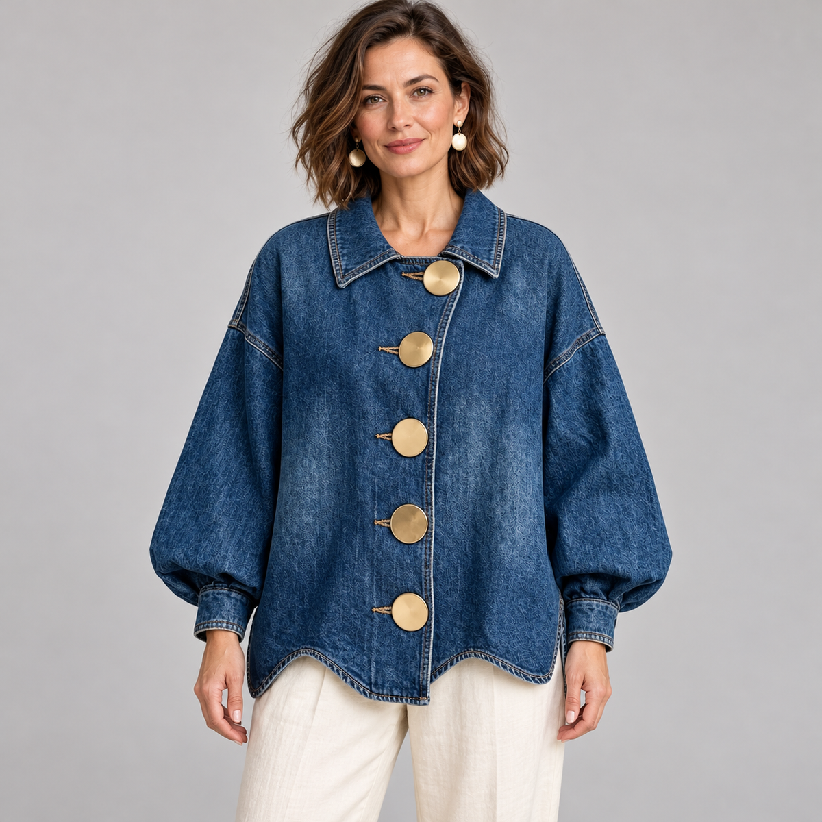 Boho Textured Denim Jacket - Loose Fit Lantern Sleeve Jacket with Oversized Gold Buttons