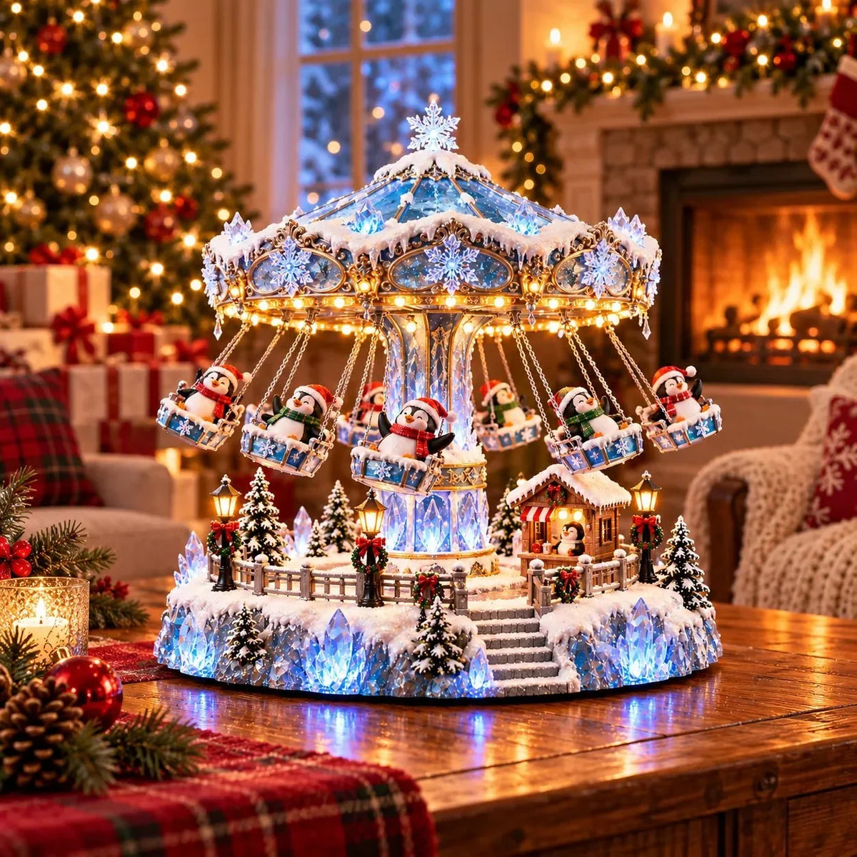 🐧 Penguin Christmas Carousel – Rotating Winter Light Display