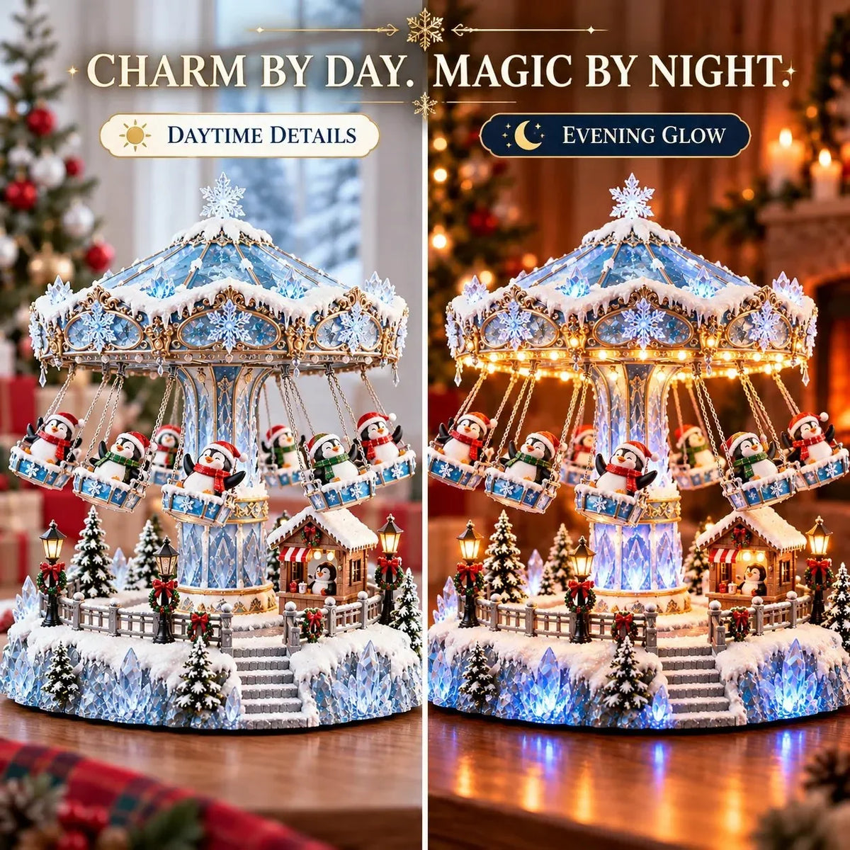 🐧 Penguin Christmas Carousel – Rotating Winter Light Display