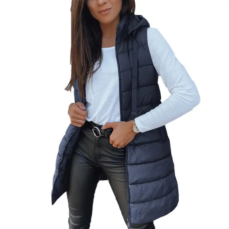 Hooded Long Puffer Vest Without the Bulk