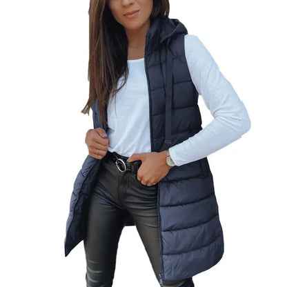 Hooded Long Puffer Vest Without the Bulk
