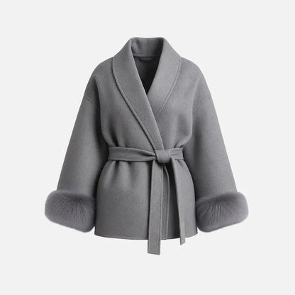 Women's Luxury Plush-Cuff Belted Wrap Coat | Elegant Fall & Winter Thermal Jacket