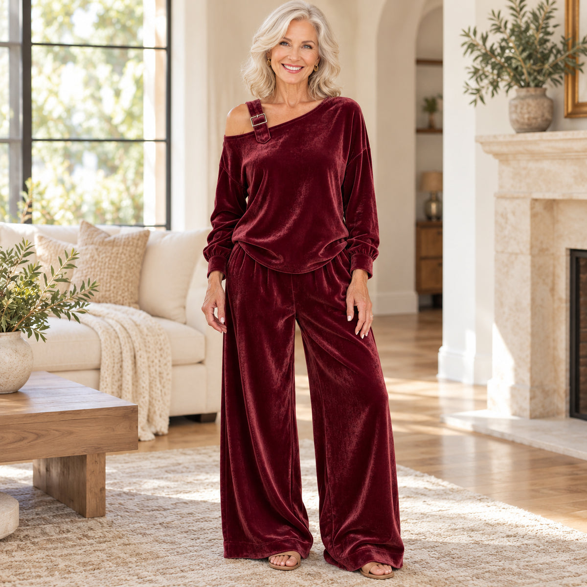 Women's Off-Shoulder Velour Wide-Leg Pants Set
