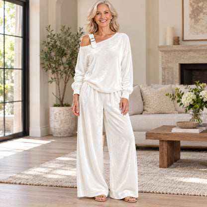 Women's Off-Shoulder Velour Wide-Leg Pants Set