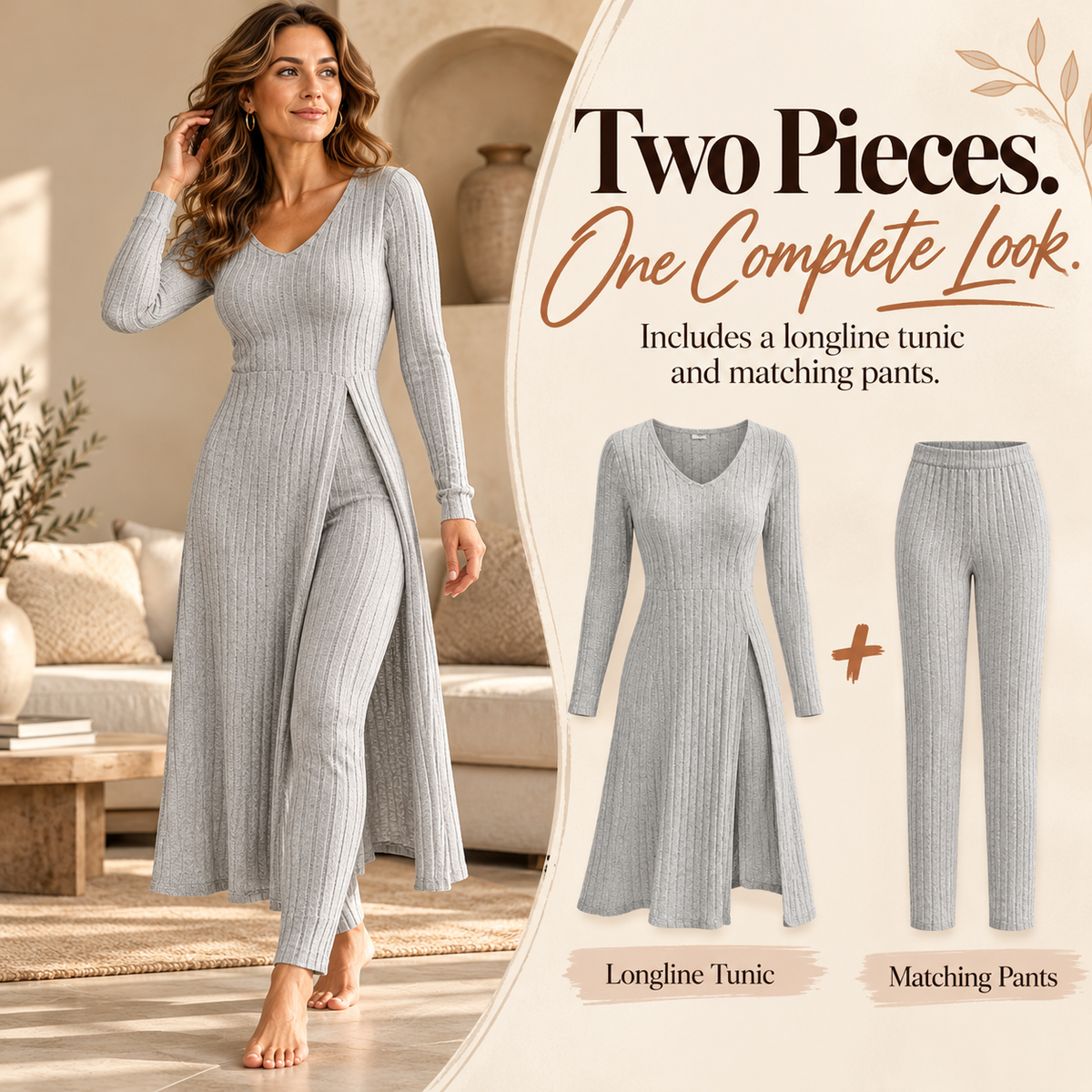 ✨ Women’s Ribbed Two-Piece Set – Side-Slit Tunic & Pants