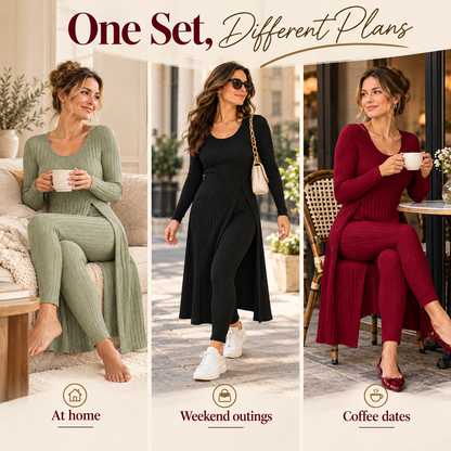 ✨ Women’s Ribbed Two-Piece Set – Side-Slit Tunic & Pants