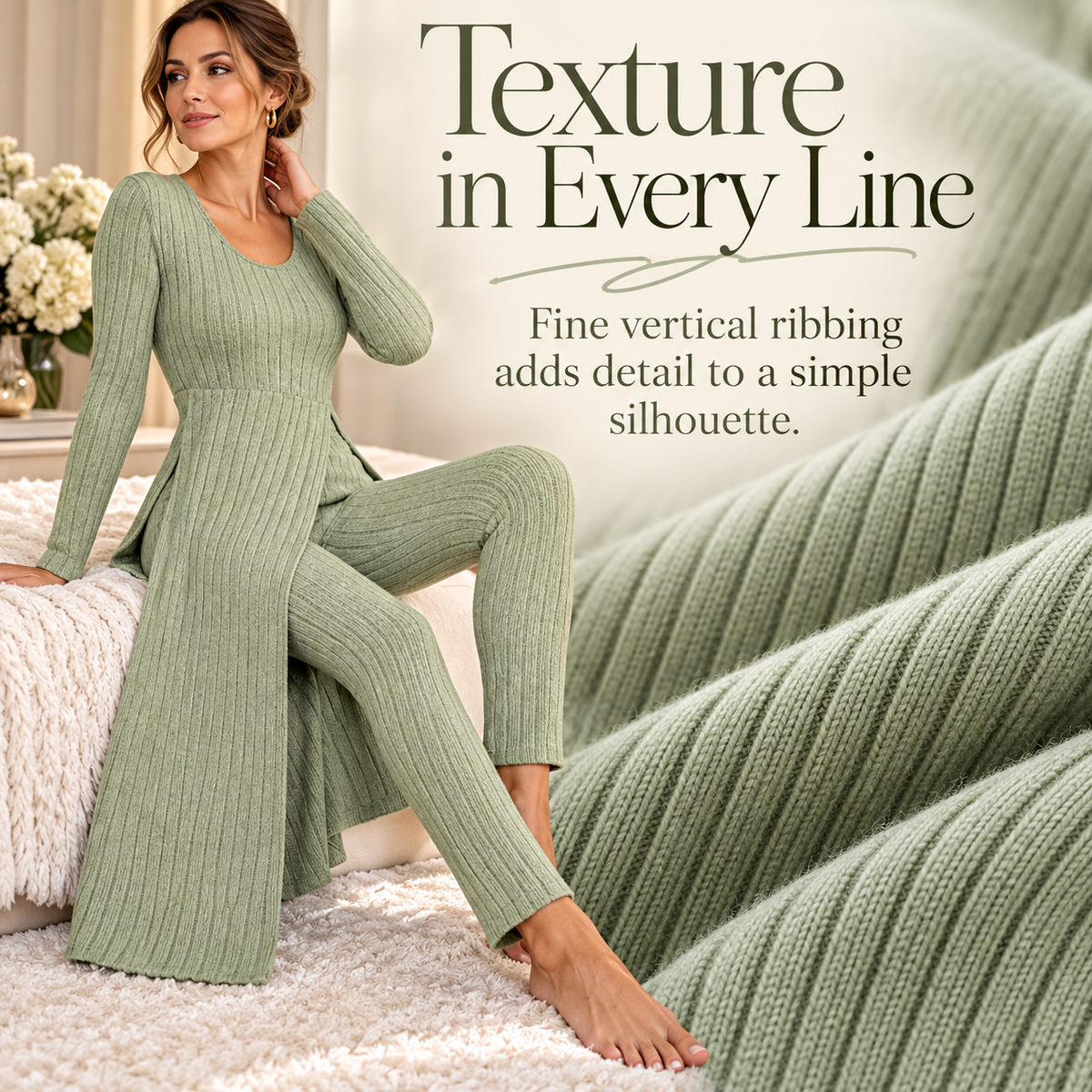 ✨ Women’s Ribbed Two-Piece Set – Side-Slit Tunic & Pants