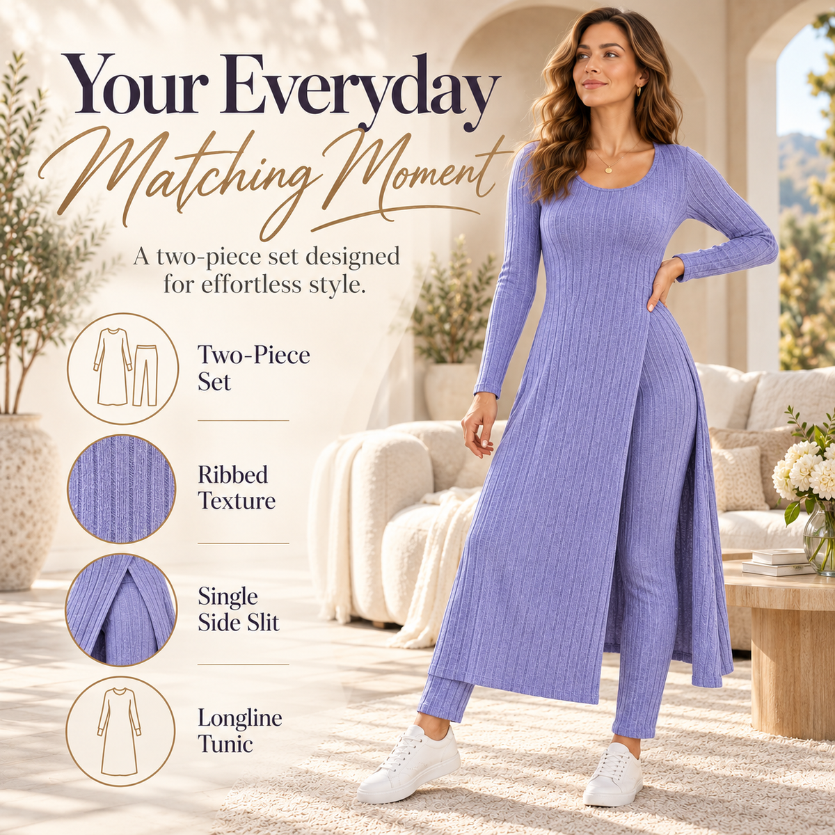 ✨ Women’s Ribbed Two-Piece Set – Side-Slit Tunic & Pants