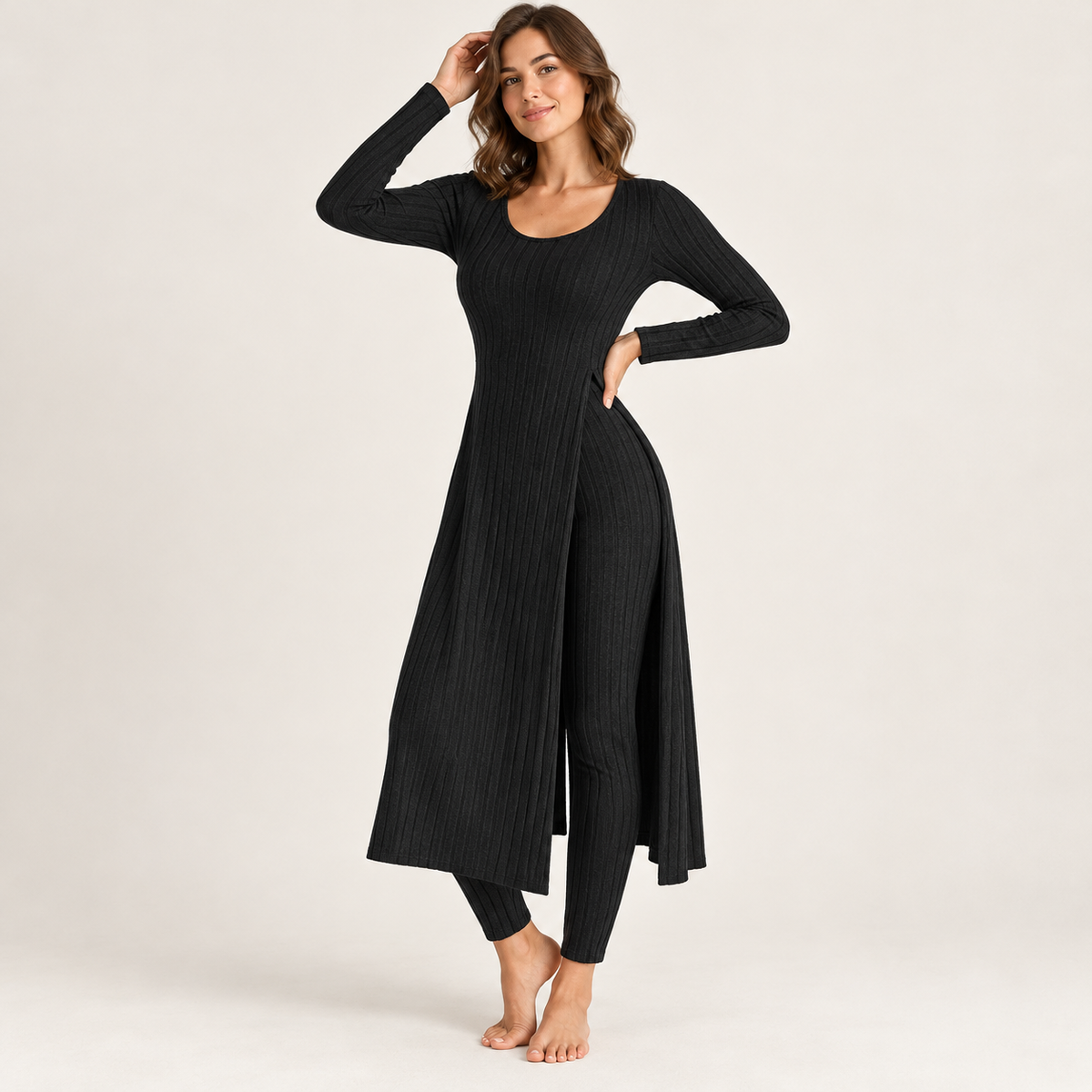 ✨ Women’s Ribbed Two-Piece Set – Side-Slit Tunic & Pants