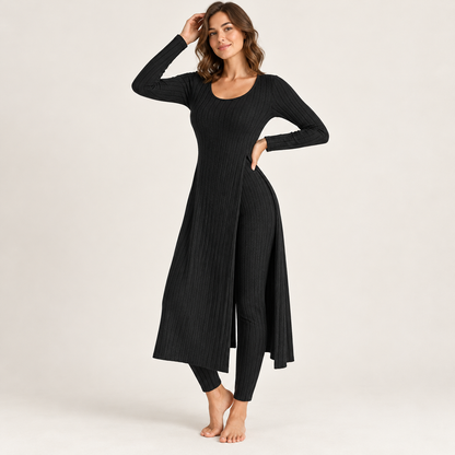 ✨ Women’s Ribbed Two-Piece Set – Side-Slit Tunic & Pants