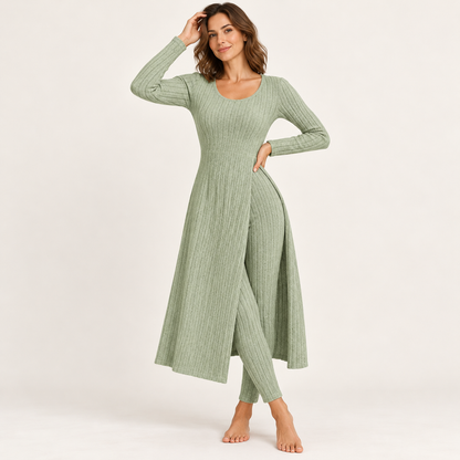 ✨ Women’s Ribbed Two-Piece Set – Side-Slit Tunic & Pants