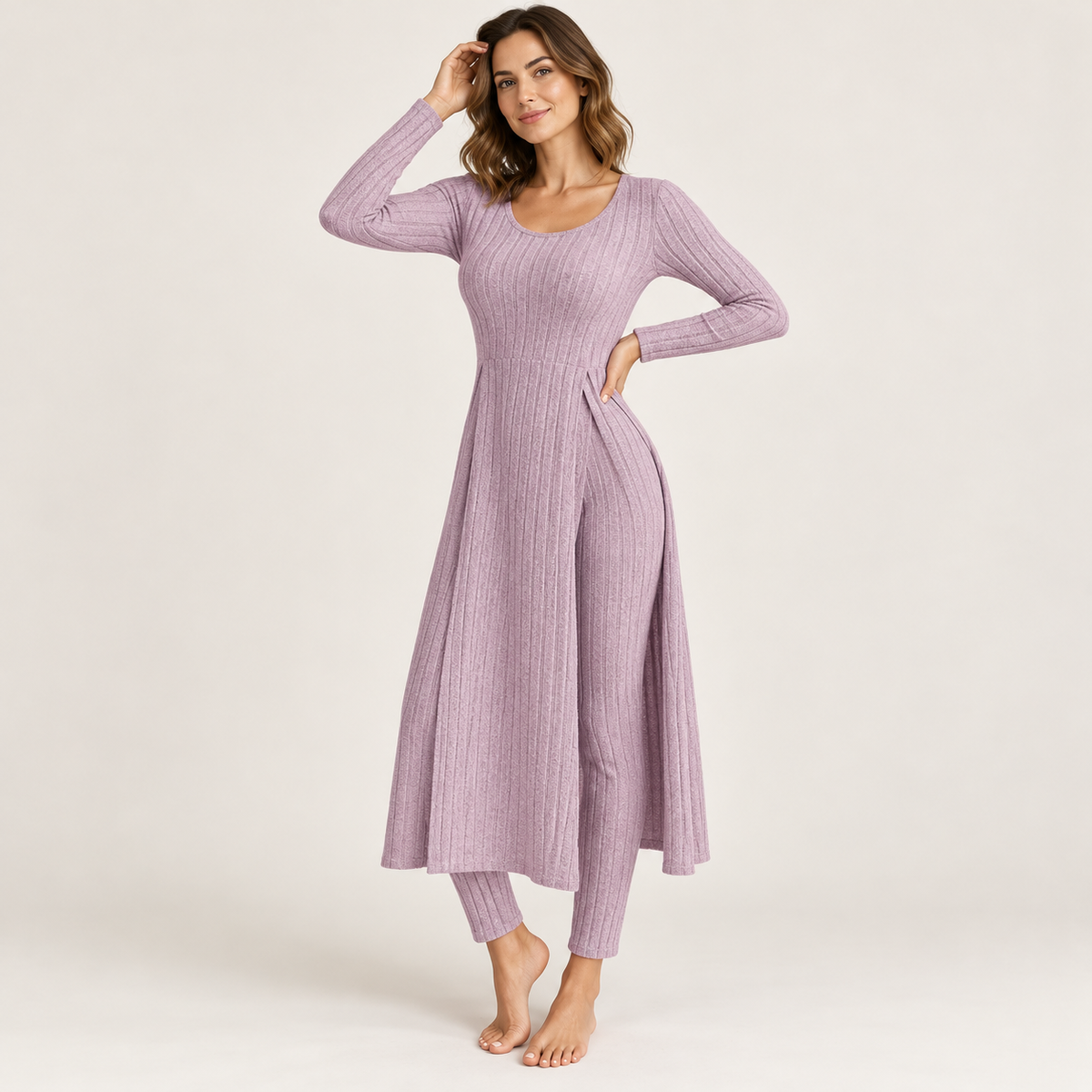 ✨ Women’s Ribbed Two-Piece Set – Side-Slit Tunic & Pants