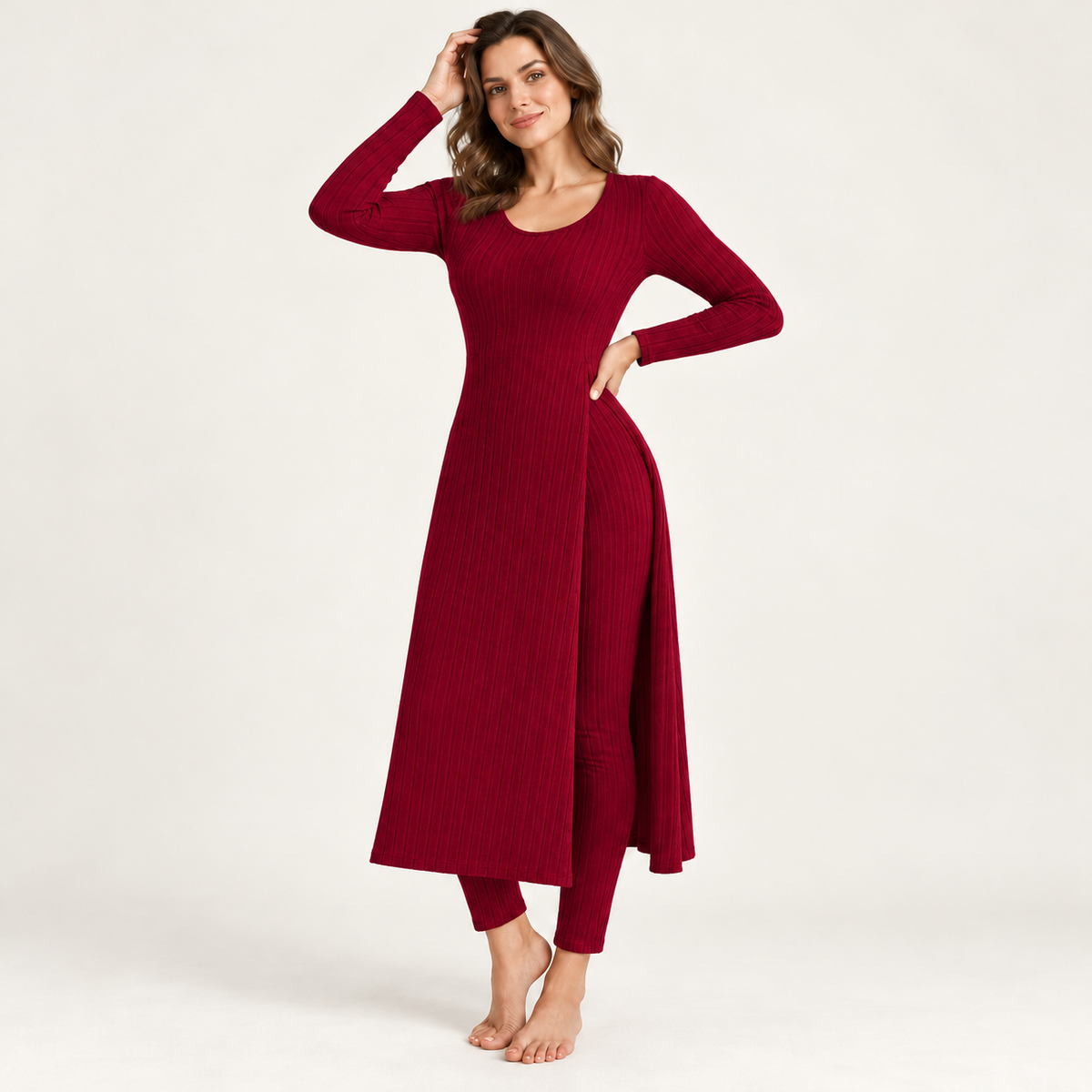 ✨ Women’s Ribbed Two-Piece Set – Side-Slit Tunic & Pants