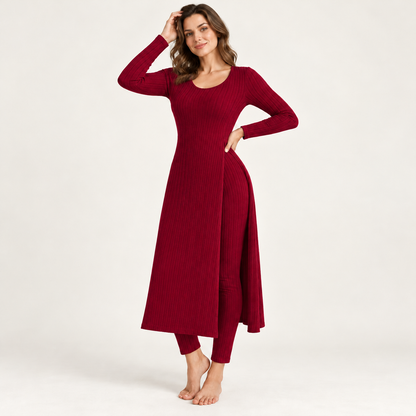 ✨ Women’s Ribbed Two-Piece Set – Side-Slit Tunic & Pants