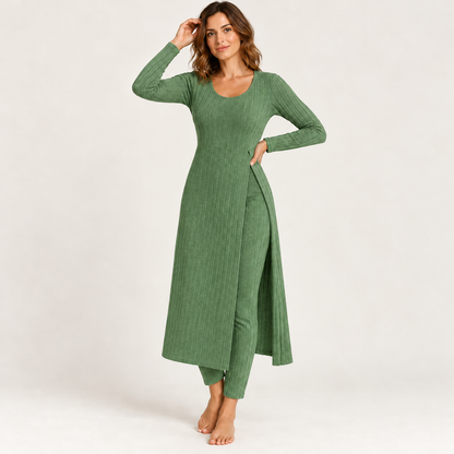 ✨ Women’s Ribbed Two-Piece Set – Side-Slit Tunic & Pants