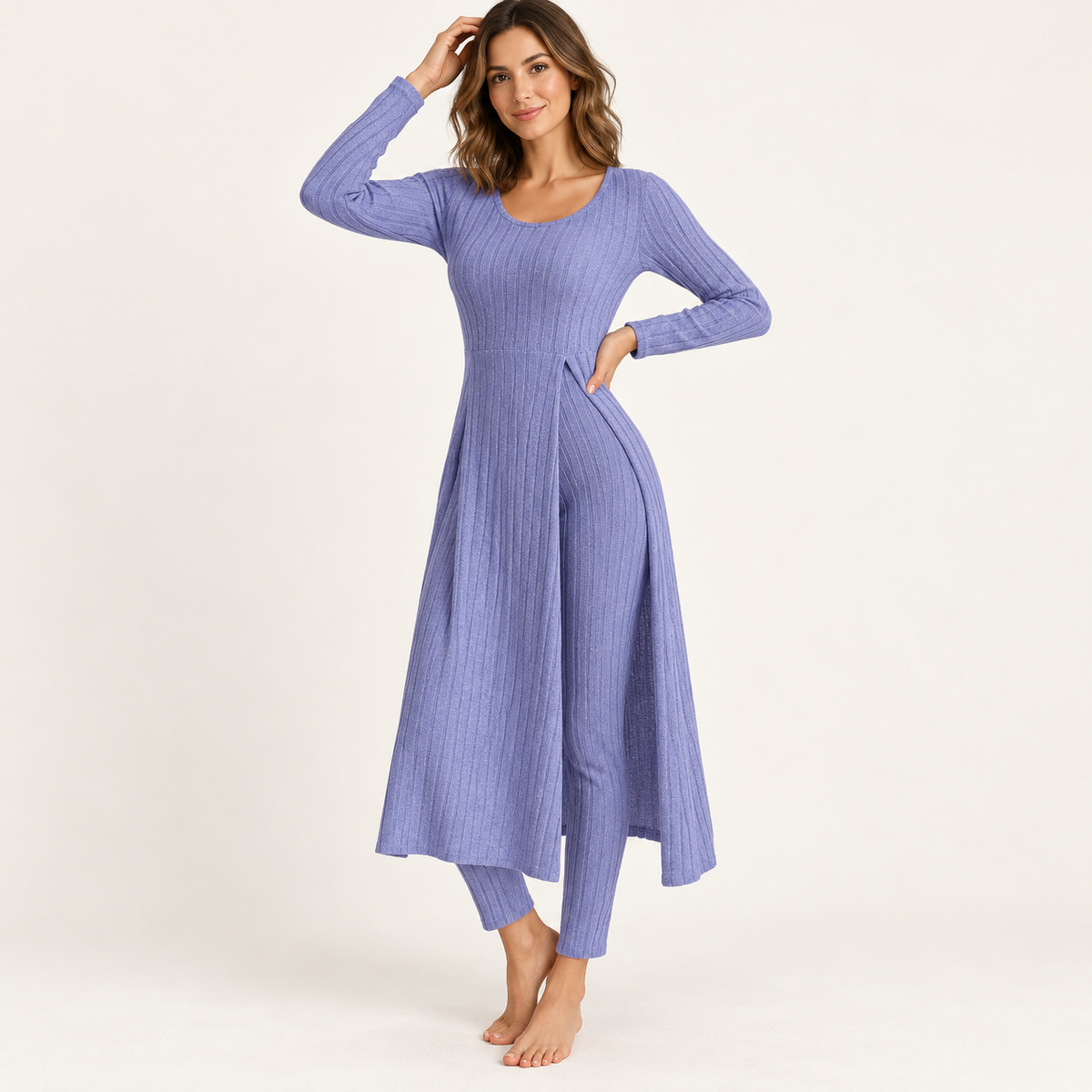✨ Women’s Ribbed Two-Piece Set – Side-Slit Tunic & Pants