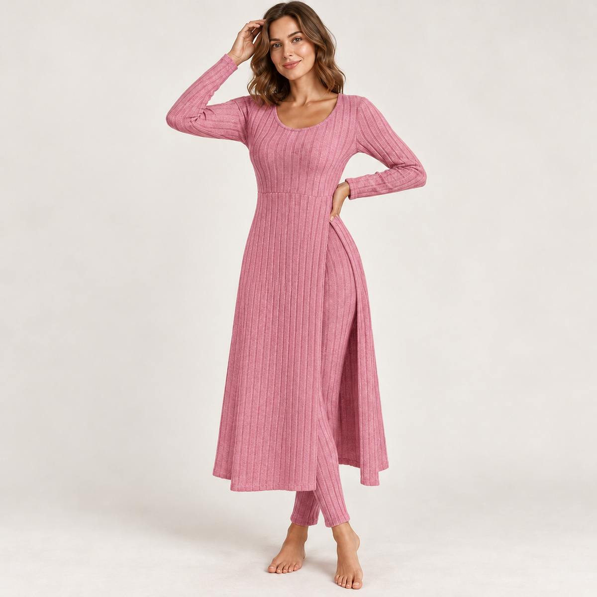 ✨ Women’s Ribbed Two-Piece Set – Side-Slit Tunic & Pants