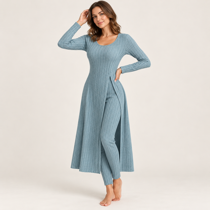 ✨ Women’s Ribbed Two-Piece Set – Side-Slit Tunic & Pants