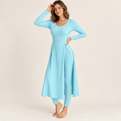 ✨ Women’s Ribbed Two-Piece Set – Side-Slit Tunic & Pants
