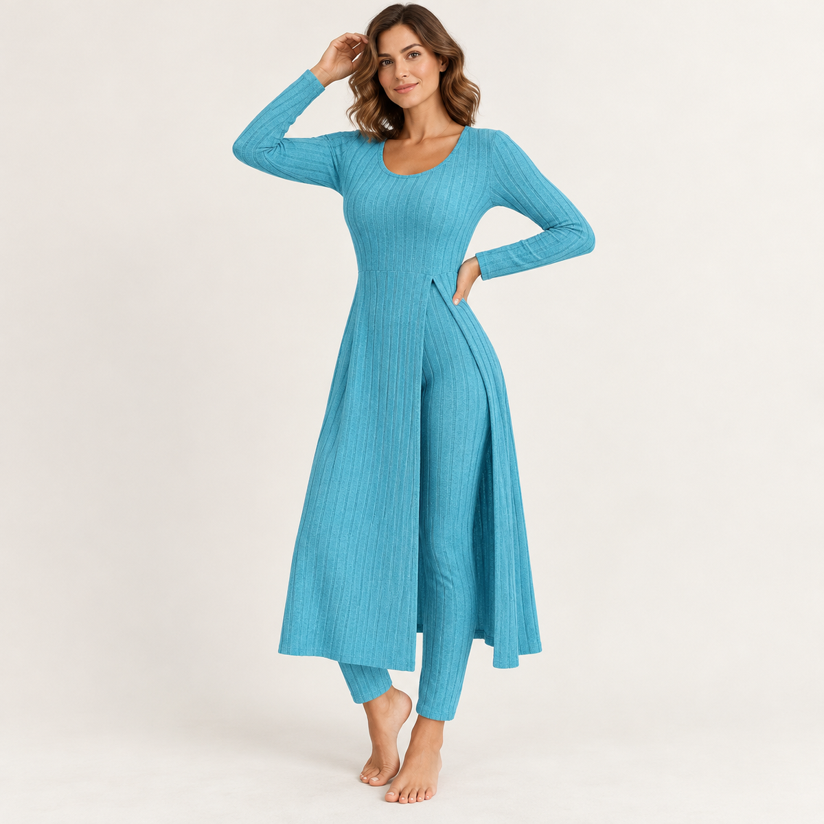 ✨ Women’s Ribbed Two-Piece Set – Side-Slit Tunic & Pants