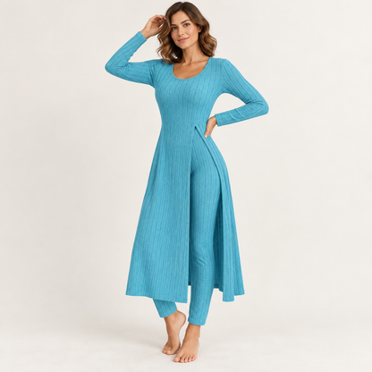 ✨ Women’s Ribbed Two-Piece Set – Side-Slit Tunic & Pants