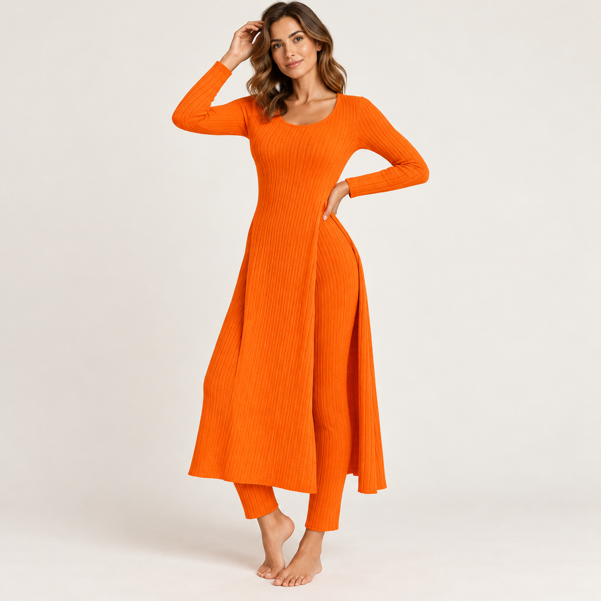 ✨ Women’s Ribbed Two-Piece Set – Side-Slit Tunic & Pants