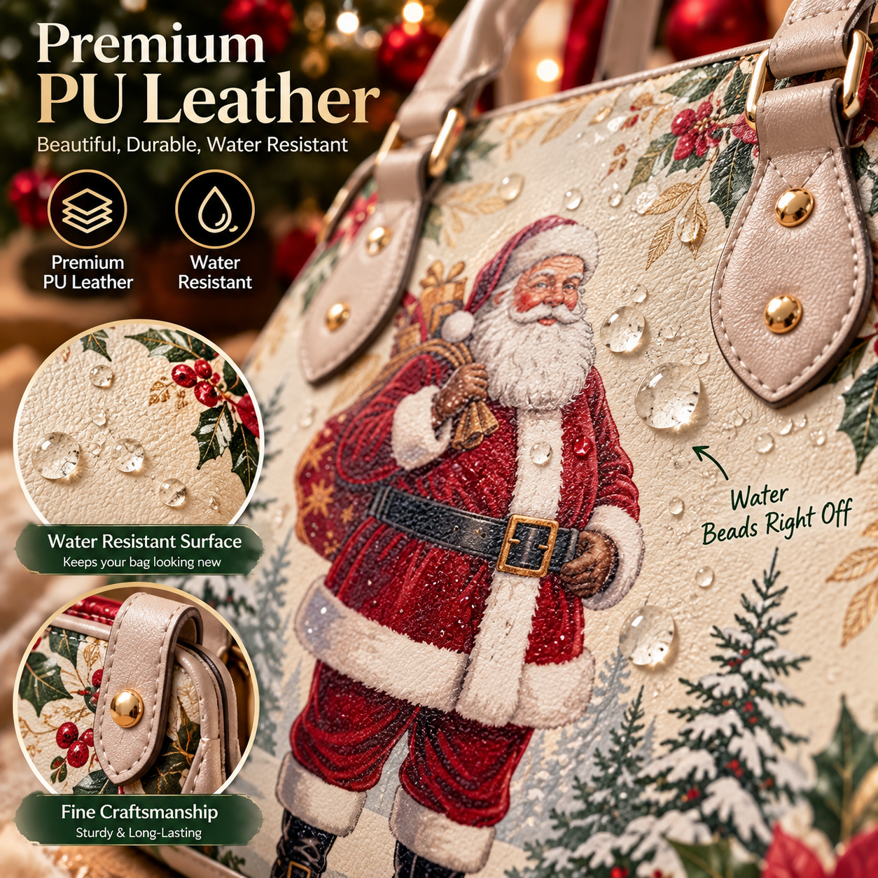Christmas-Themed Holiday Handbag - Large Capacity, Made of Leather
