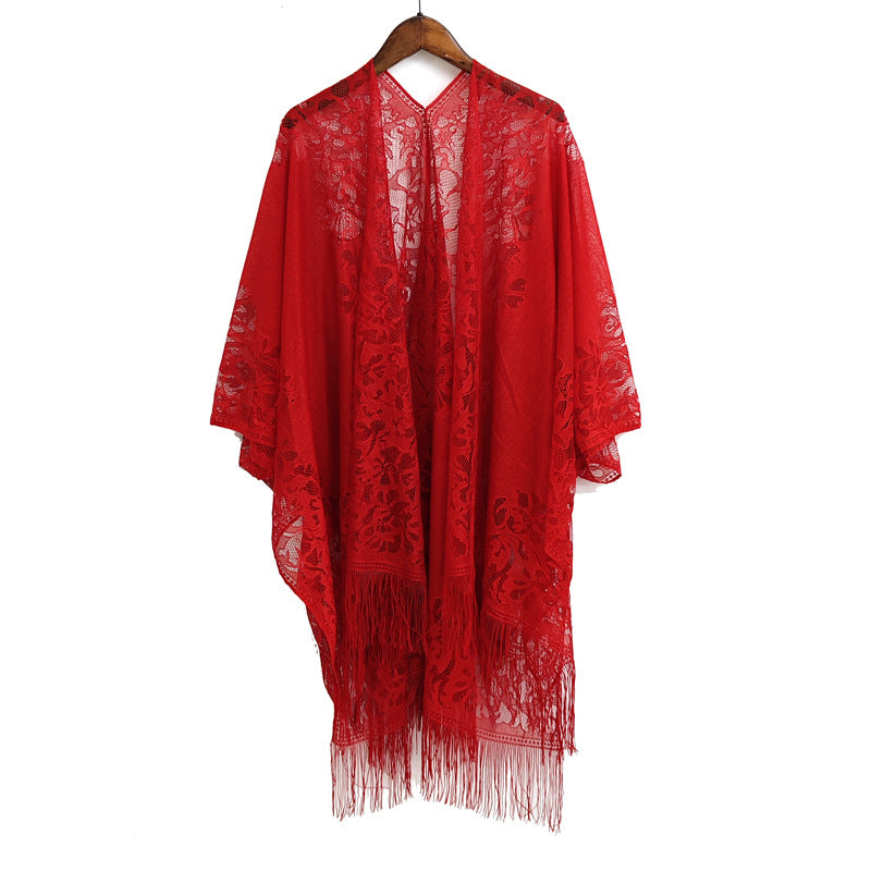 Elegant Floral Lace Kimono Wrap with Flowing Fringe | Evening & Wedding Shrug