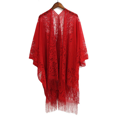 Elegant Floral Lace Kimono Wrap with Flowing Fringe | Evening & Wedding Shrug