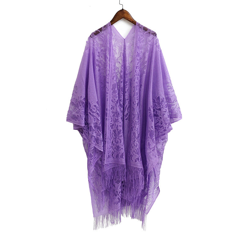 Elegant Floral Lace Kimono Wrap with Flowing Fringe | Evening & Wedding Shrug