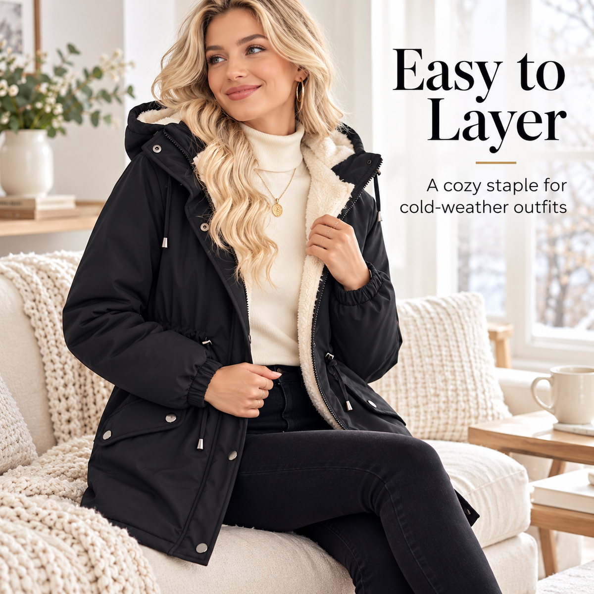 Women's Sherpa-Lined Hooded Winter Parka （Black）
