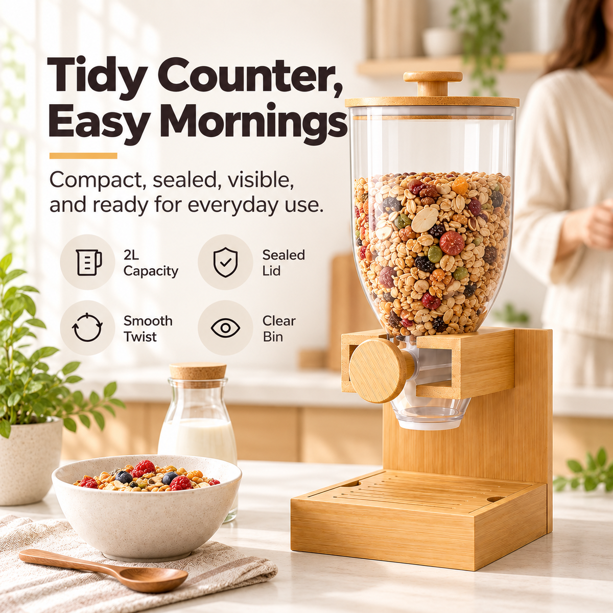 Bamboo Cereal Dispenser Countertop