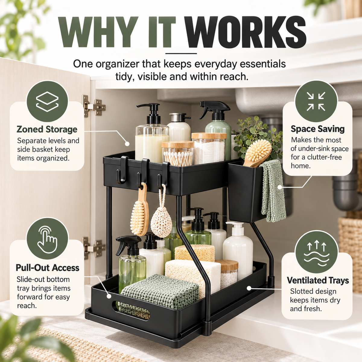 2-Tier Pull-Out Under-Sink Organizer with Hooks &amp; Side Basket