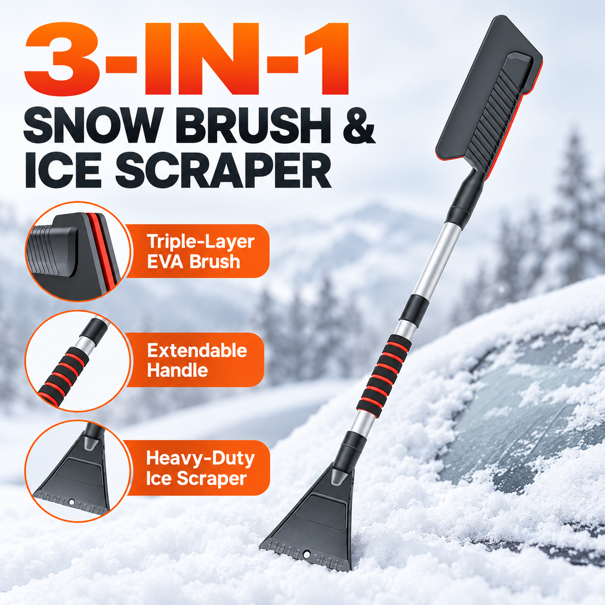 3-in-1 Extendable Car Snow Brush & Ice Scraper