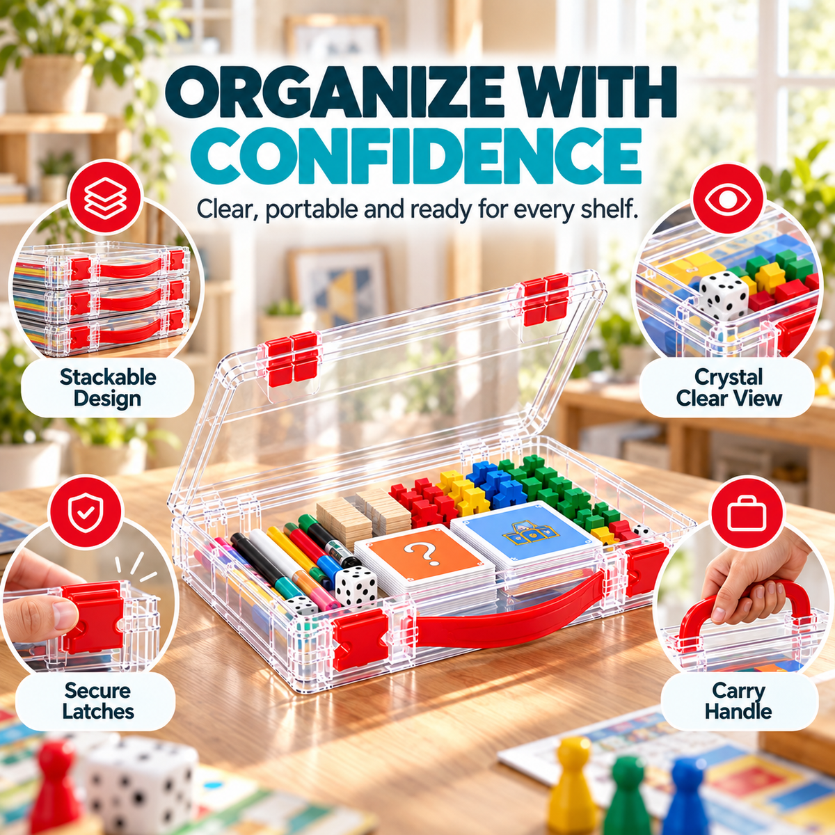 Clear Stackable Board Game Storage Case – Organize Games, Puzzles & Crafts with Ease