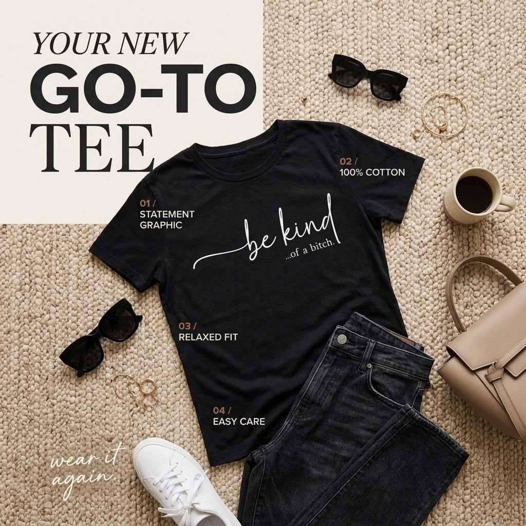 ✨Women's T - Shirt: Edgy 'be kind...of a bitch.' Design – Soft, Relaxed & Bold