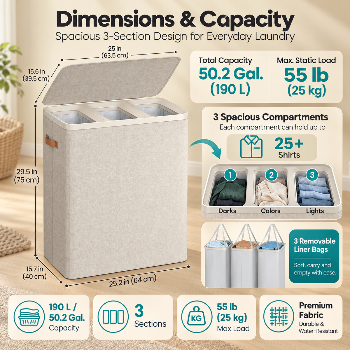 Large 3-Compartment Laundry Sorter with Lid