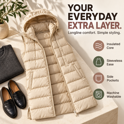 Hooded Long Puffer Vest Without the Bulk