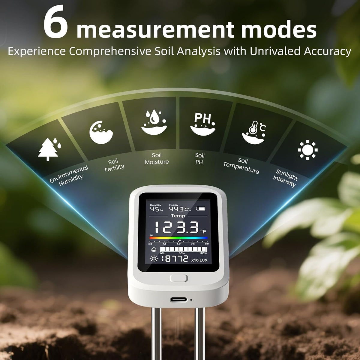 6-in-1 Digital Soil Tester with LCD Display – Moisture, pH, Fertility, Light & Temperature Meter