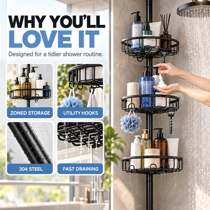 4-Tier Adjustable Corner Shower Caddy with Hooks