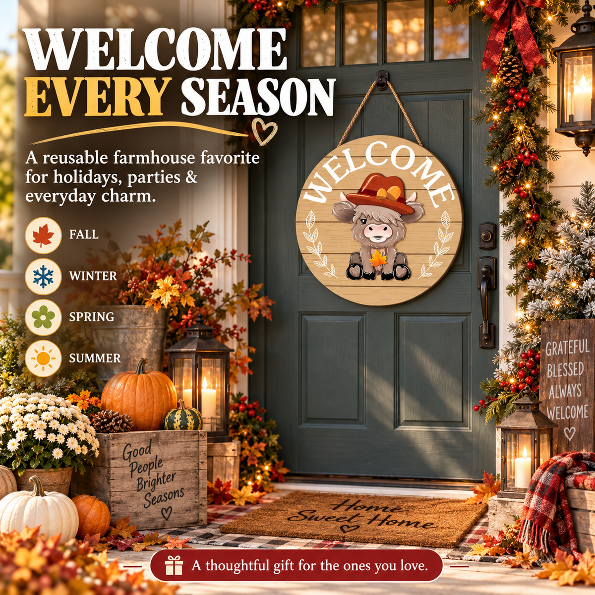 Interchangeable Front Door Welcome Sign Set with Seasonal Holiday Seasonal Icons