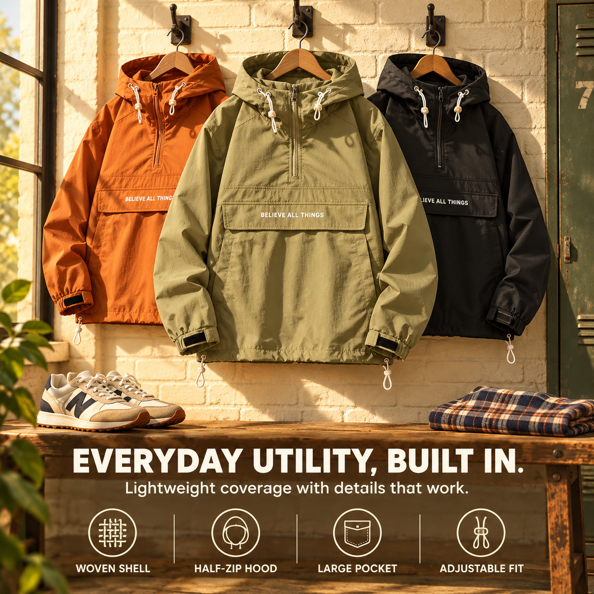 Men’s Half-Zip Windproof Waterproof Hooded Jacket