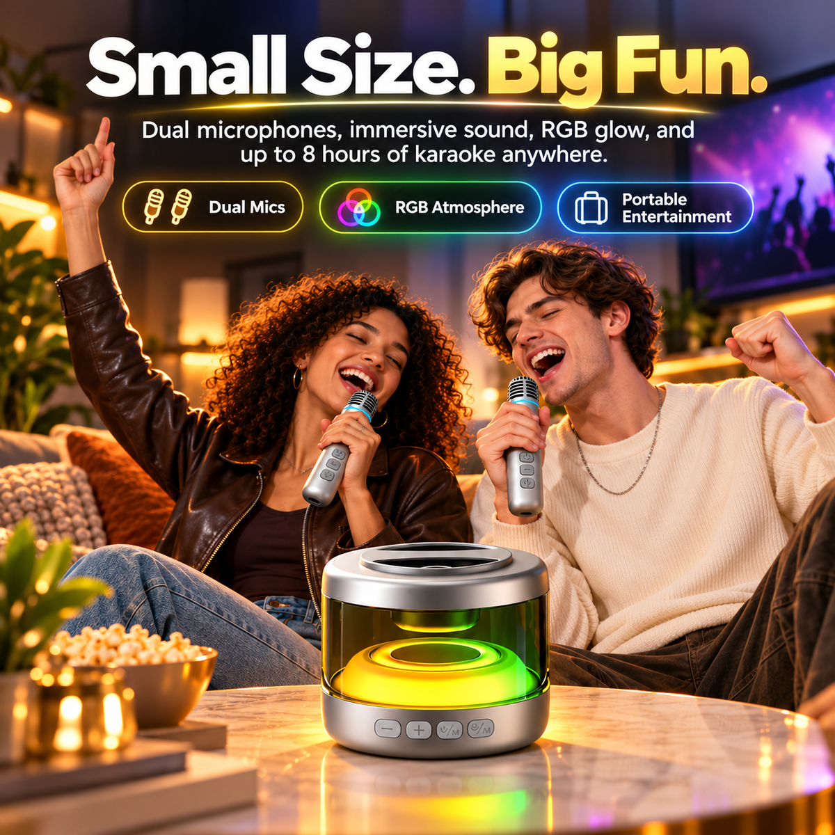 Portable Mini Karaoke Machine with Dual Wireless Microphones, 360° Sound & RGB Lights