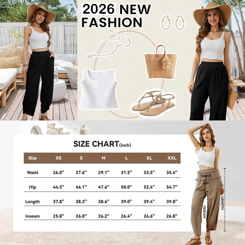 Womens Baggy Wide Leg Pants Relaxed Palazzo Harem Pants Elastic Waist with Pockets