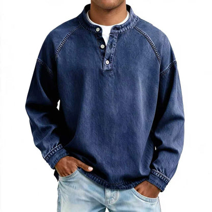 Vintage Wash Henley Sweatshirt | Casual Loose Fit Long Sleeve Top